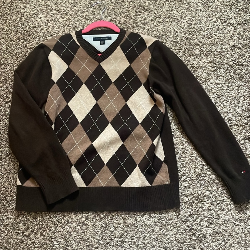 Tommy Hilfiger Brown Argyle Patterned Sweater V-neckk